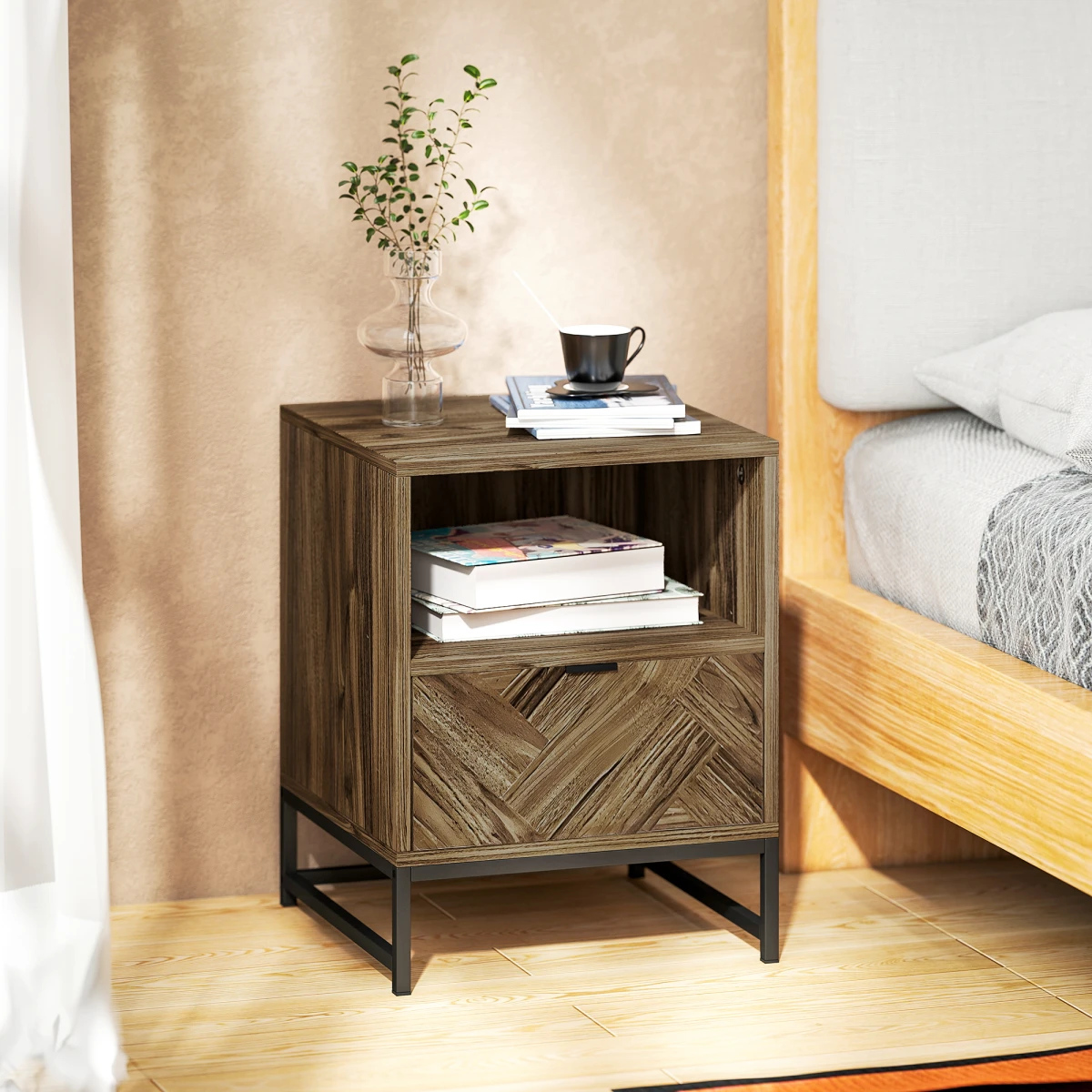 HOMCOM HOMCOM Bedside Table Compact Drawer Shelf Bedroom - Bedside Table