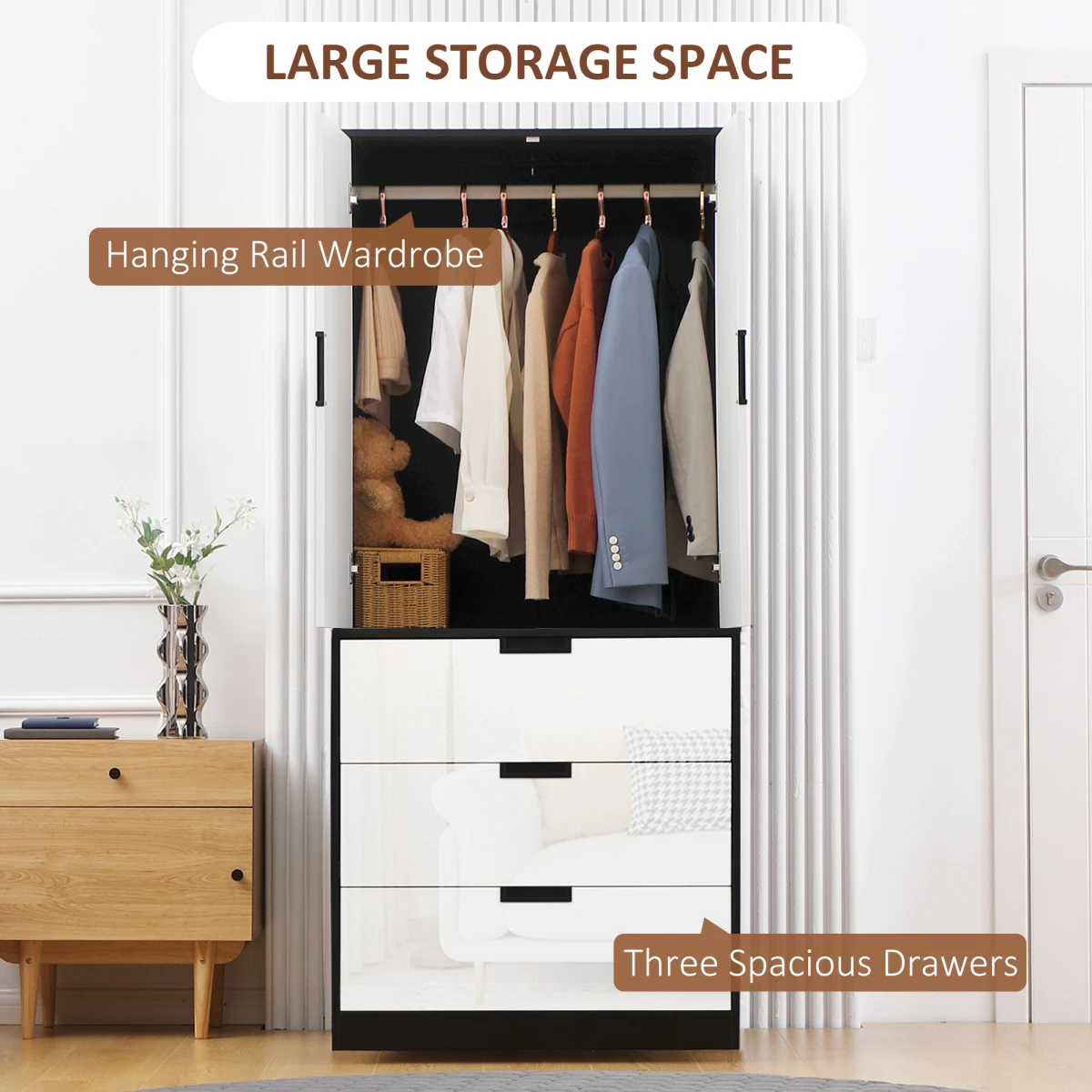 HOMCOM HOMCOM 2 Door Wardrobe White With 3 Drawers And Hanging Rod - Wardrobe