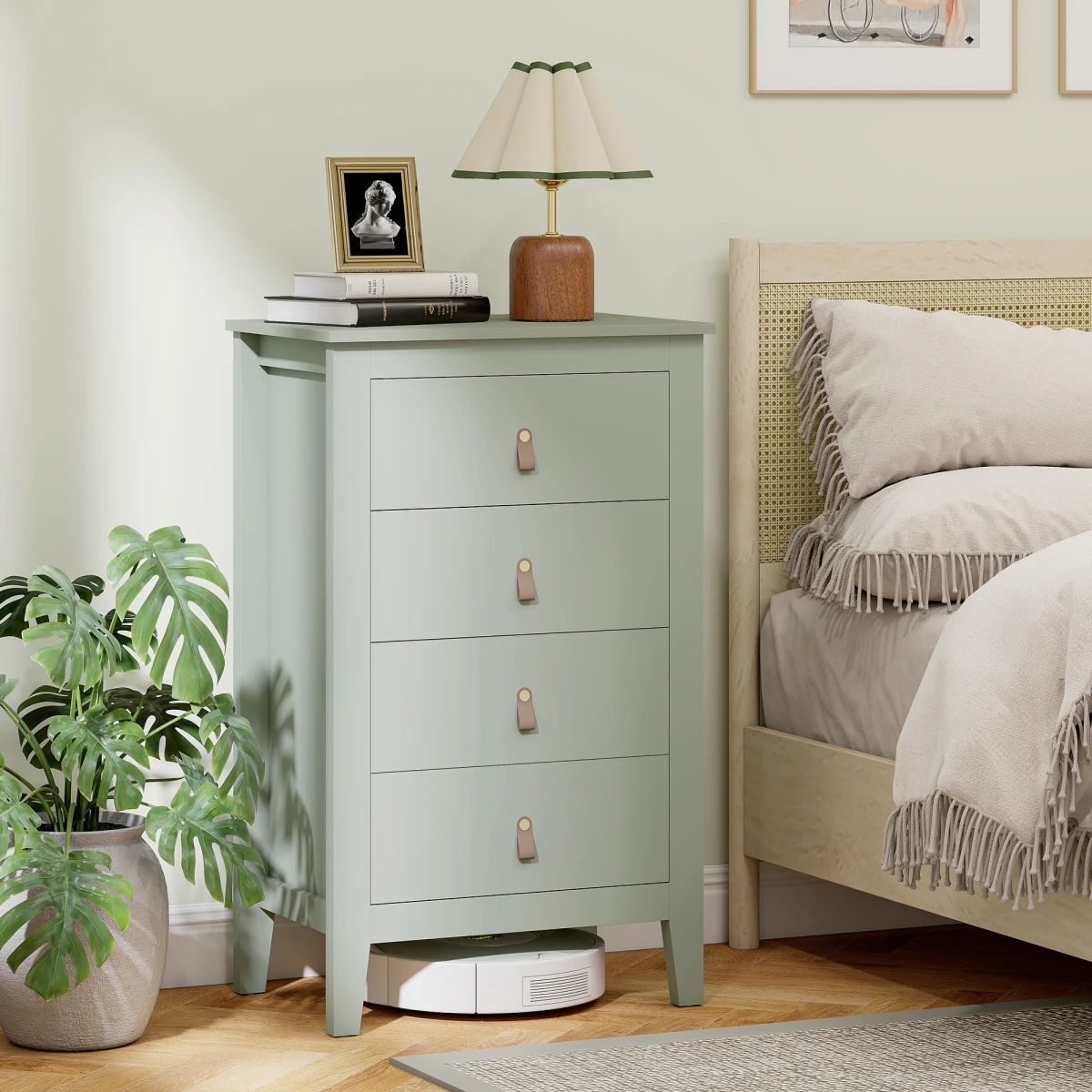 HOMCOM 4 Drawer Dresser White Standard Size Leather Handles Silent Runners For Bedroom Storage by HOMCOM