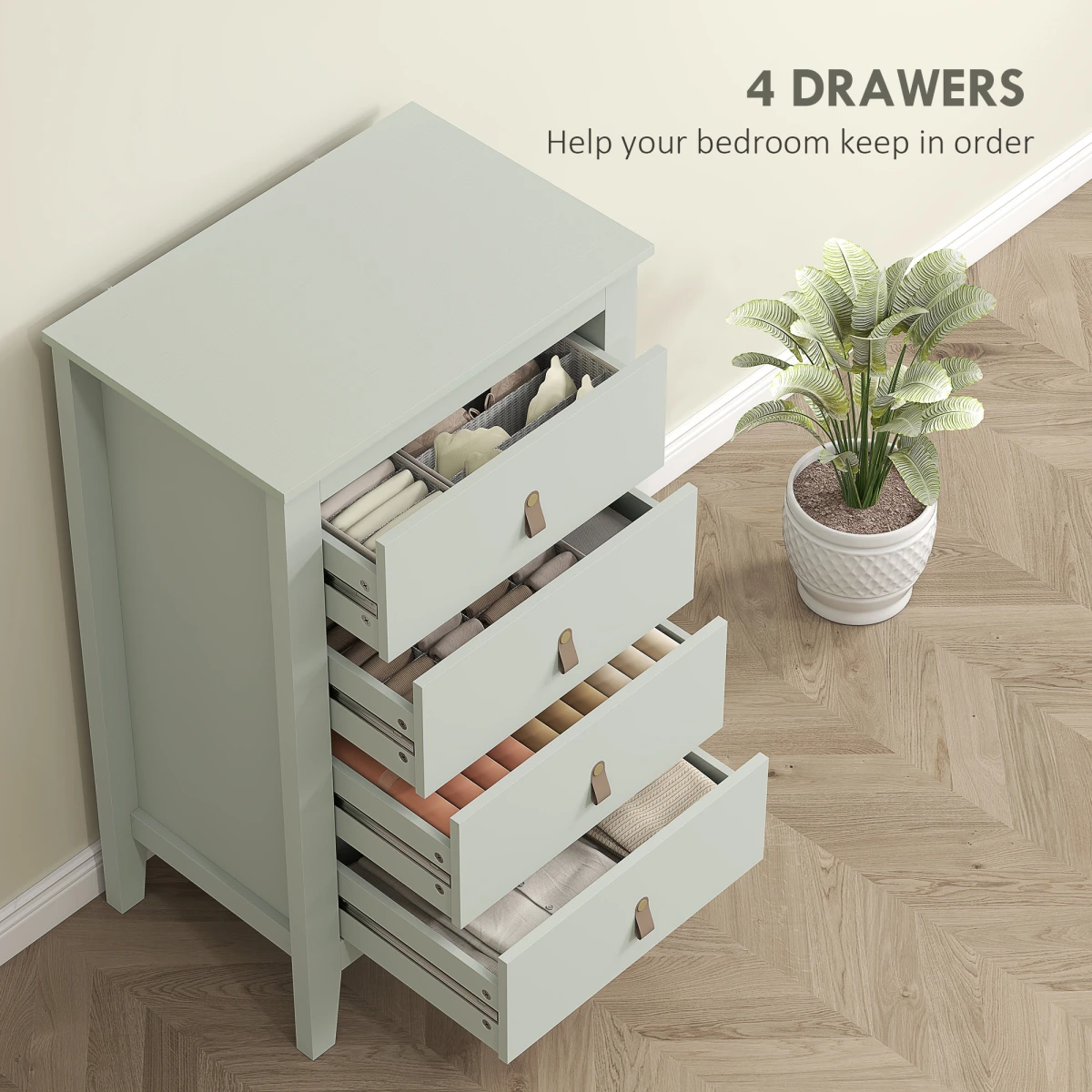 HOMCOM 4 Drawer Dresser White Standard Size Leather Handles Silent Runners For Bedroom Storage by HOMCOM