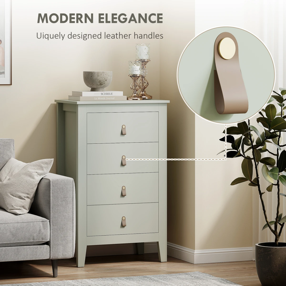 HOMCOM 4 Drawer Dresser White Standard Size Leather Handles Silent Runners For Bedroom Storage by HOMCOM