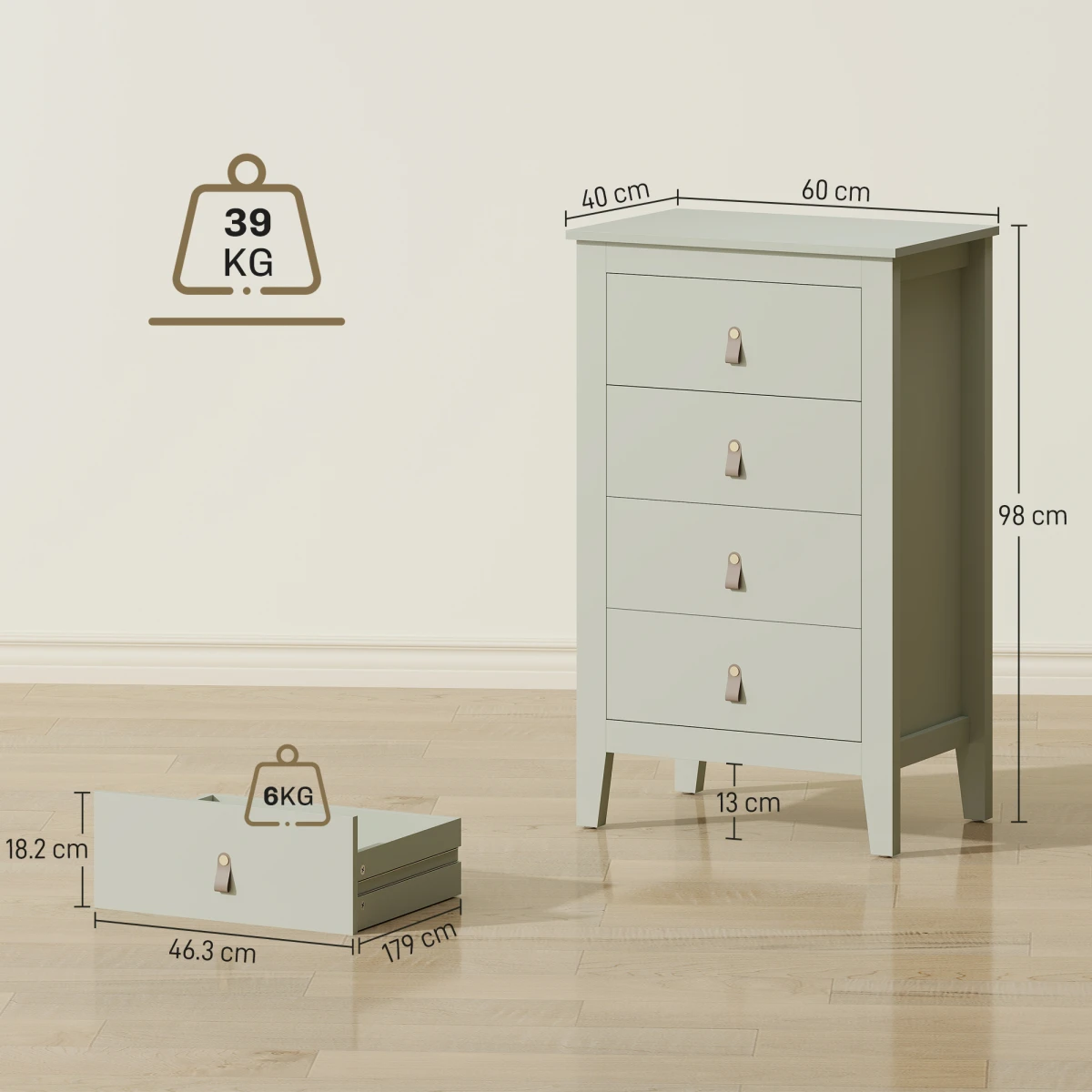 HOMCOM 4 Drawer Dresser White Standard Size Leather Handles Silent Runners For Bedroom Storage by HOMCOM