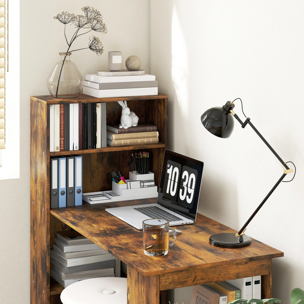 HOMCOM Computer Desk 120cm With 6 Shelves Bookshelf Space Saving Engineered Wood Home Office - Desk