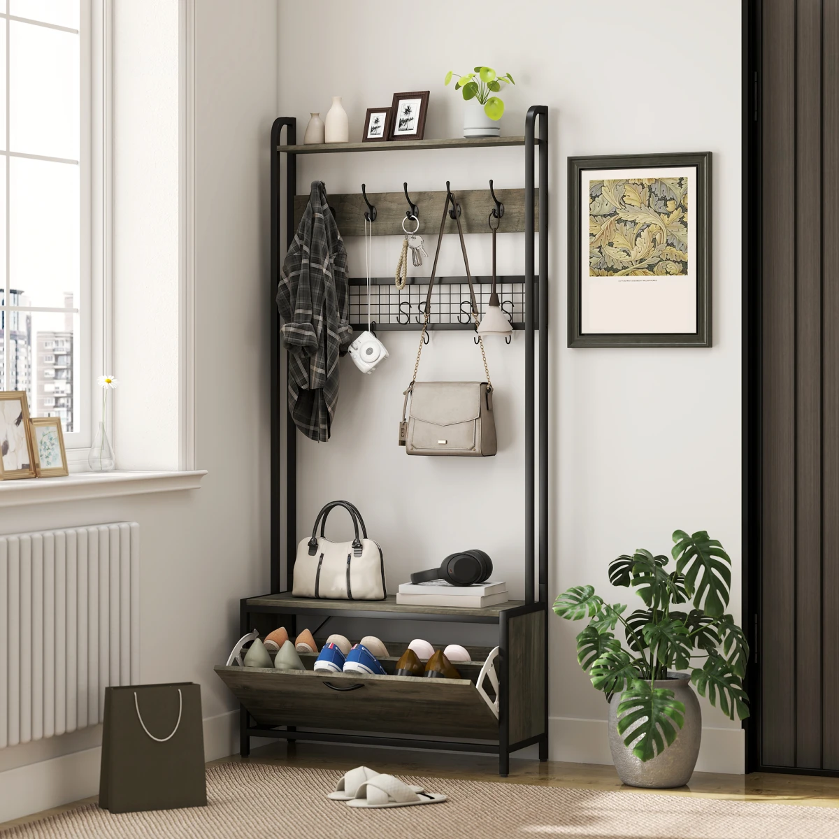 HOMCOM Industrial Hall Tree Coat Rack With Shoe Cabinet Grey Tall 5 In 1 Organizer For Hallways by HOMCOM