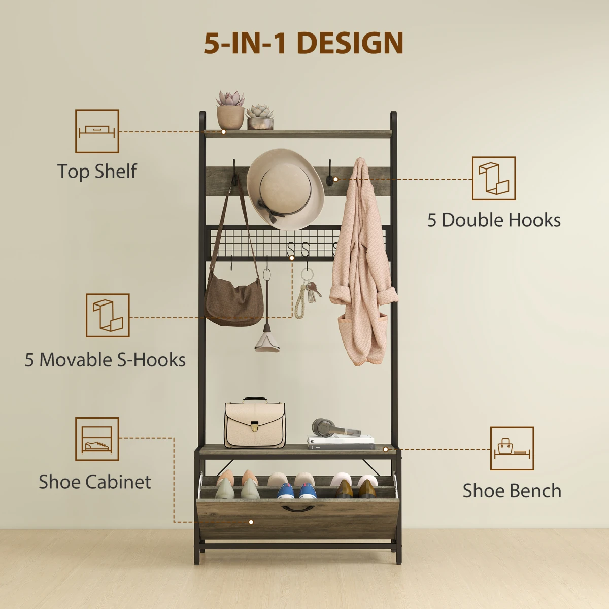 HOMCOM Industrial Hall Tree Coat Rack With Shoe Cabinet Grey Tall 5 In 1 Organizer For Hallways by HOMCOM