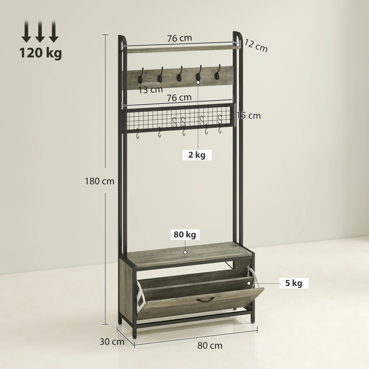 HOMCOM Industrial Hall Tree Coat Rack With Shoe Cabinet Grey Tall 5 In 1 Organizer For Hallways by HOMCOM