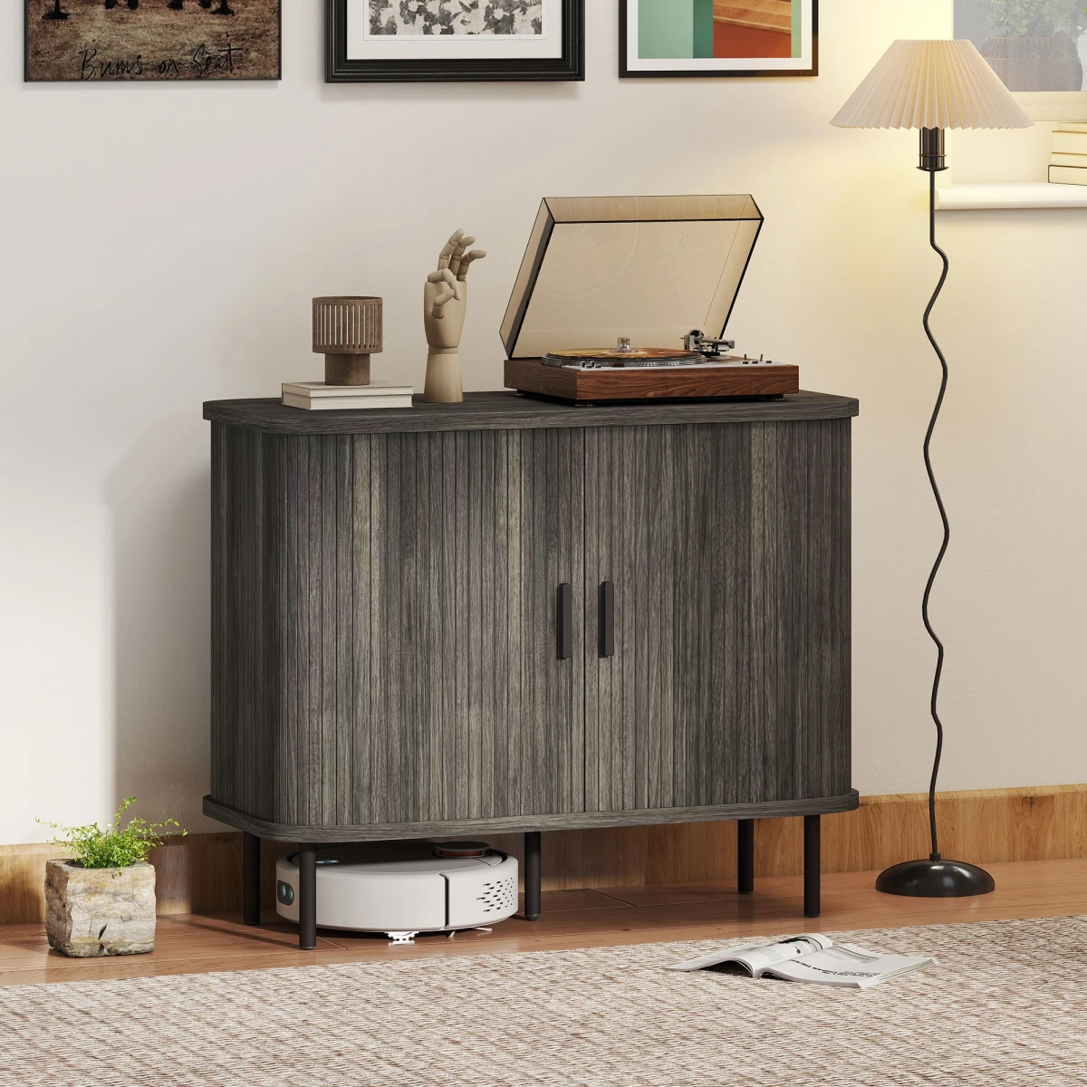 HOMCOM Sideboard Storage Cabinet Grey Slatted Tambour Sliding Doors Two Compartments Modern Rustic Living Room Console - Sideboard