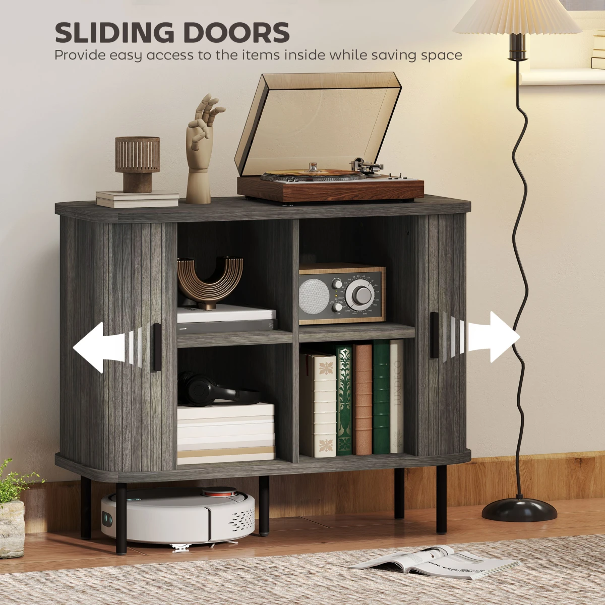 HOMCOM Sideboard Storage Cabinet Grey Slatted Tambour Sliding Doors Two Compartments Modern Rustic Living Room Console by HOMCOM