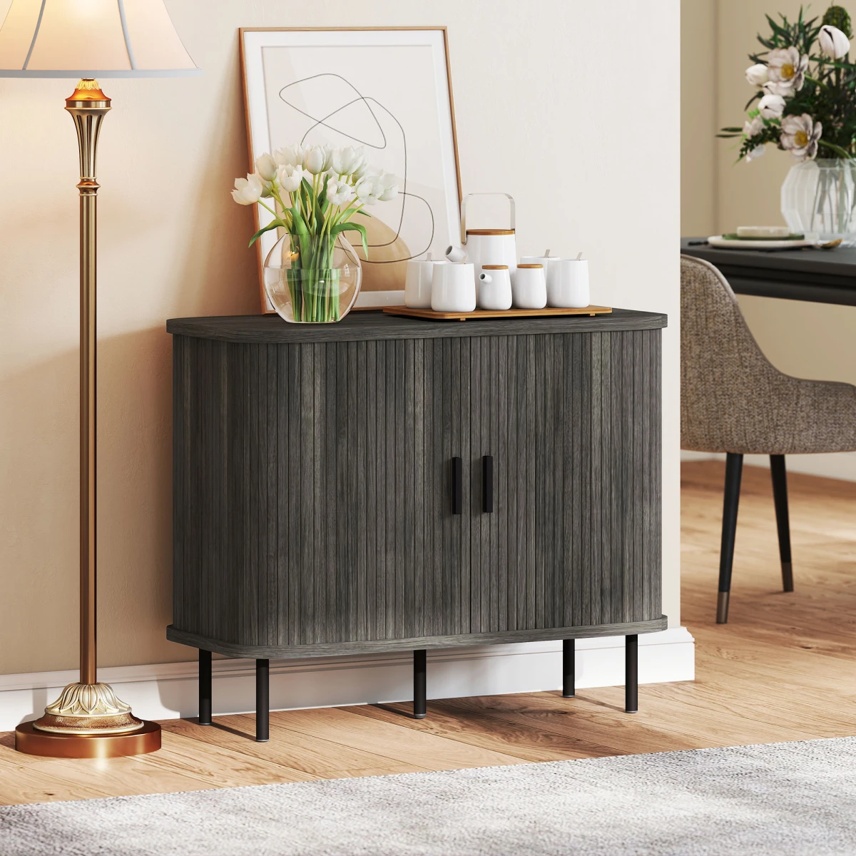 HOMCOM Sideboard Storage Cabinet Grey Slatted Tambour Sliding Doors Two Compartments Modern Rustic Living Room Console by HOMCOM