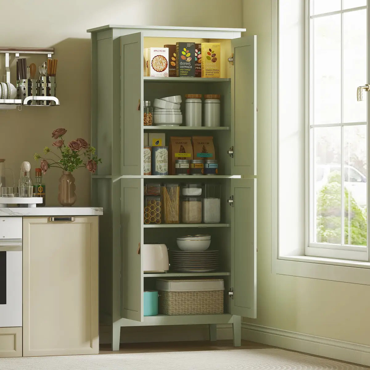 HOMCOM HOMCOM 176.5 cm Tall Freestanding Pantry Storage Cabinet with 4 Doors Green - Display Cabinet