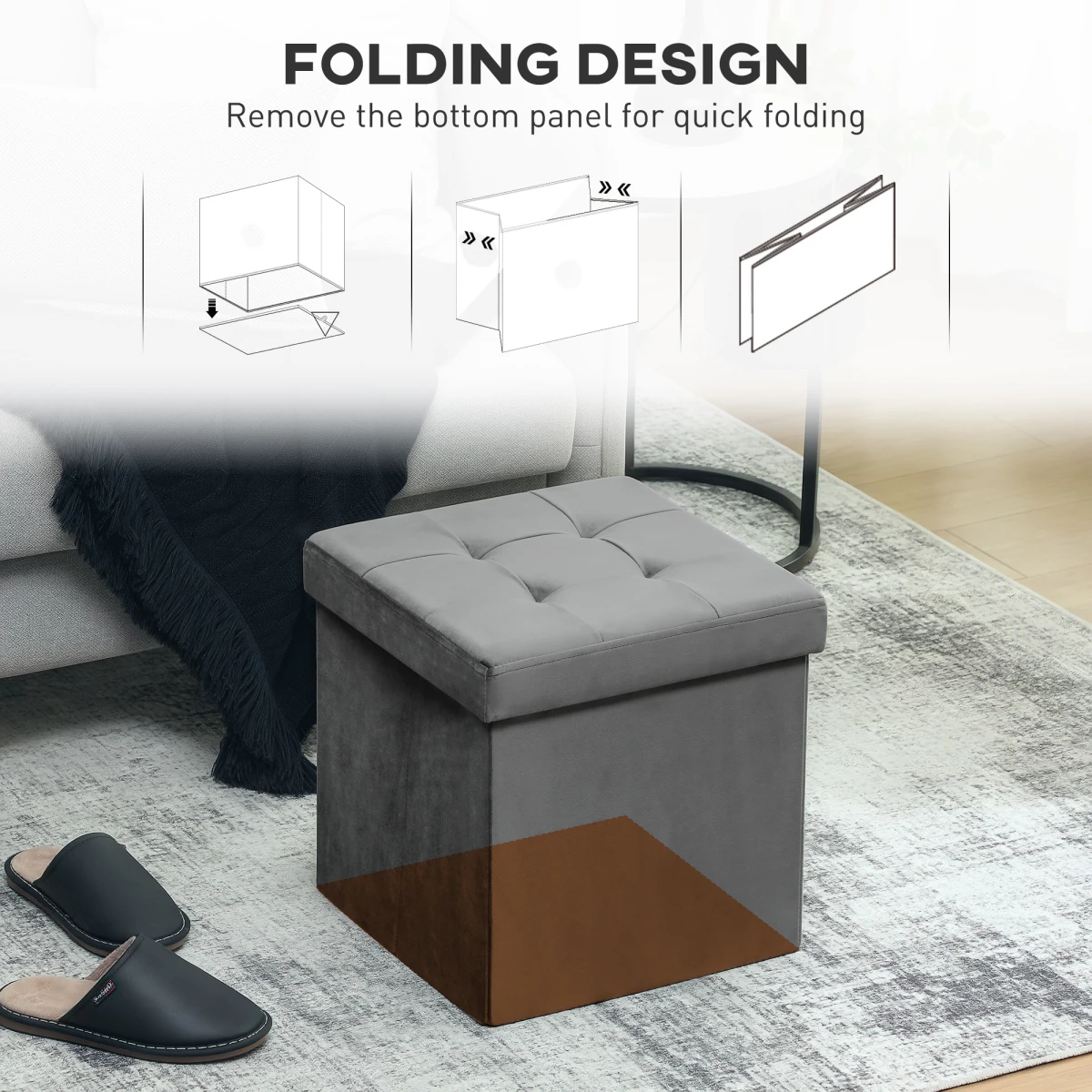 HOMCOM HOMCOM Foldable Velvet-Feel Storage Ottoman, 38 x 38 x 38 cm, Grey - Footstool