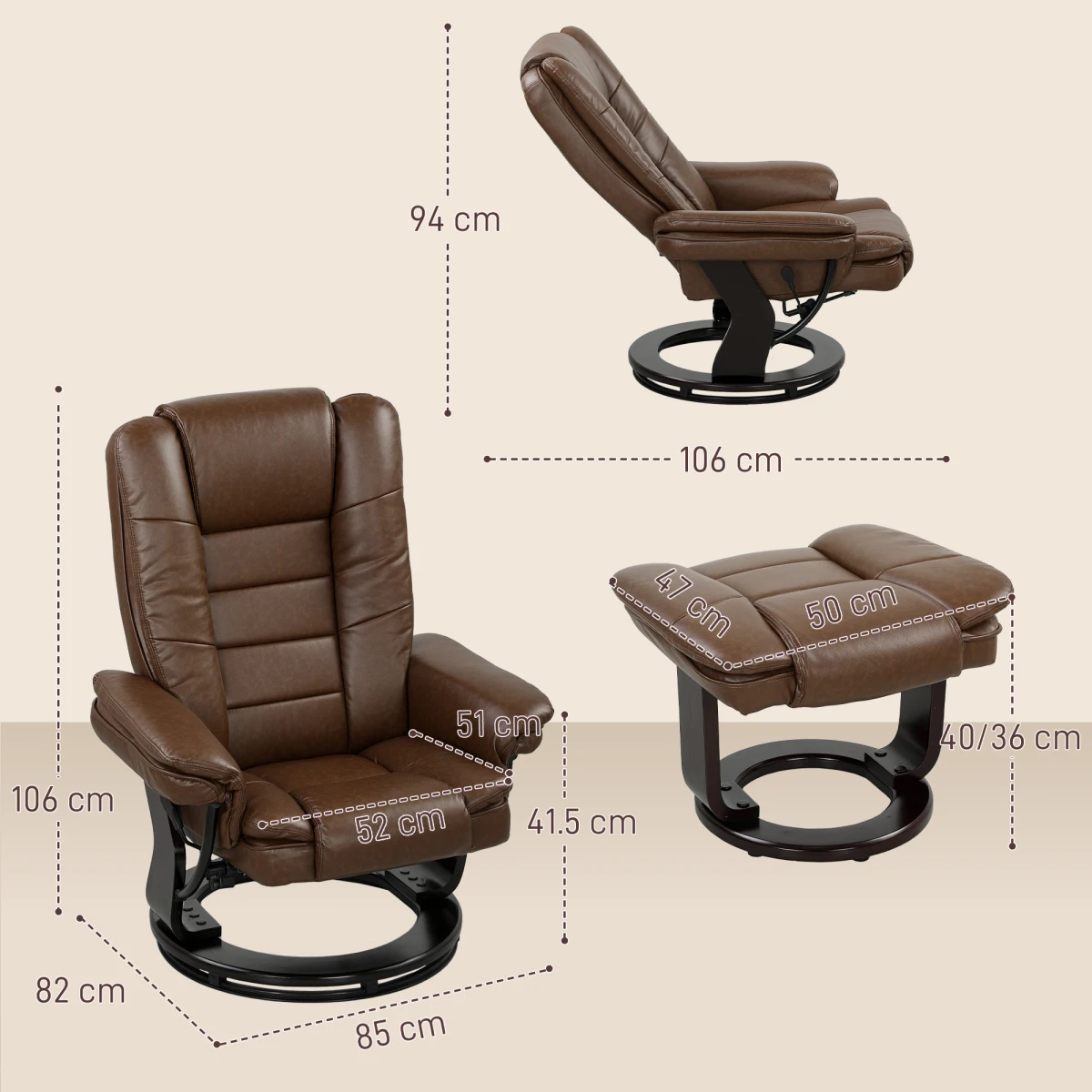 HOMCOM Swivel Recliner With Footrest PU Leather Brown Living by HOMCOM