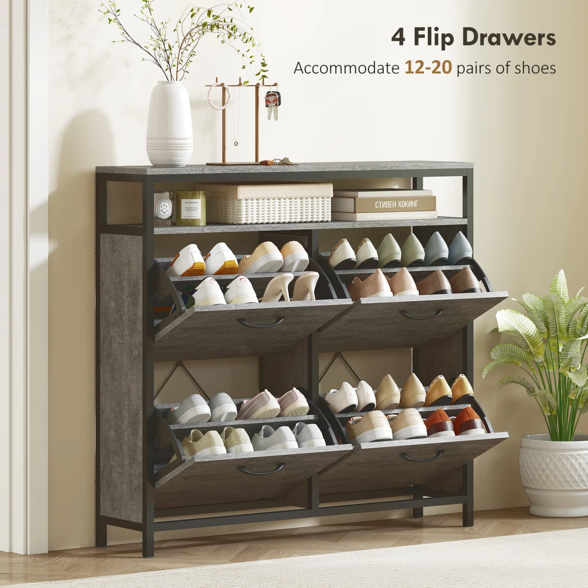 HOMCOM HOMCOM Shoe Cabinet 4 Flip Drawers 12-20 Pairs - Shoe Storage