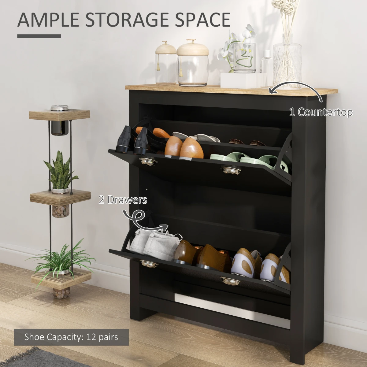 HOMCOM 2 Drawer Shoe Cabinet Narrow Shoe Cupboard with Flip Doors, Black by HOMCOM