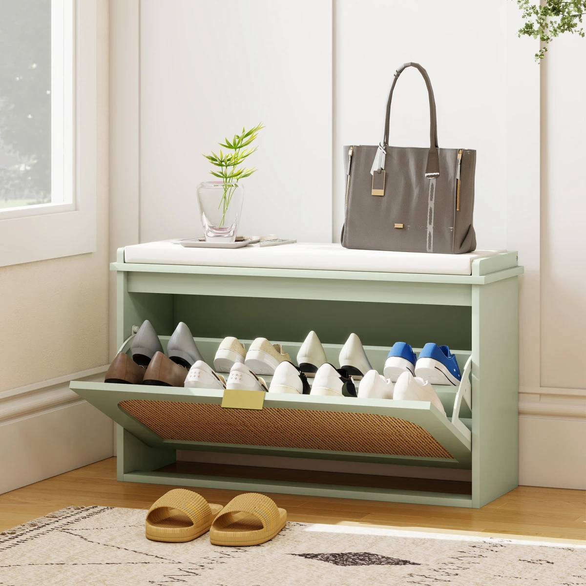 HOMCOM Boho Shoe Bench Cushioned Seat Flip Drawer by HOMCOM