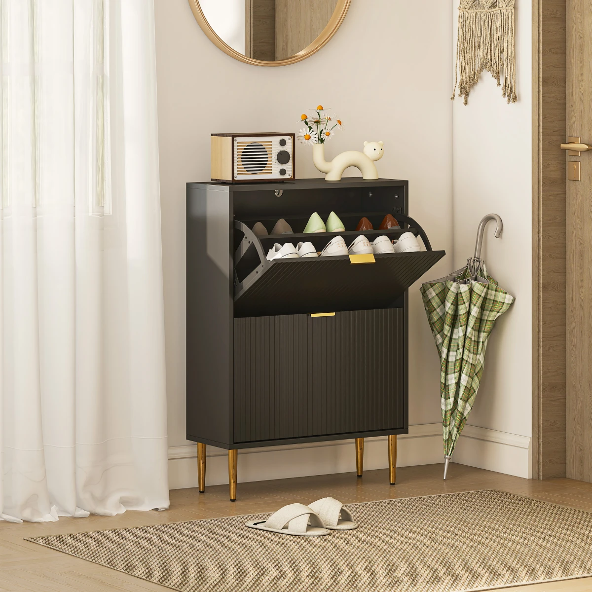 HOMCOM HOMCOM Slim Shoe Cabinet With Flip Drawers For Hallway Fluted Doors Gold Handles Holds 12 Pairs - Shoe Storage