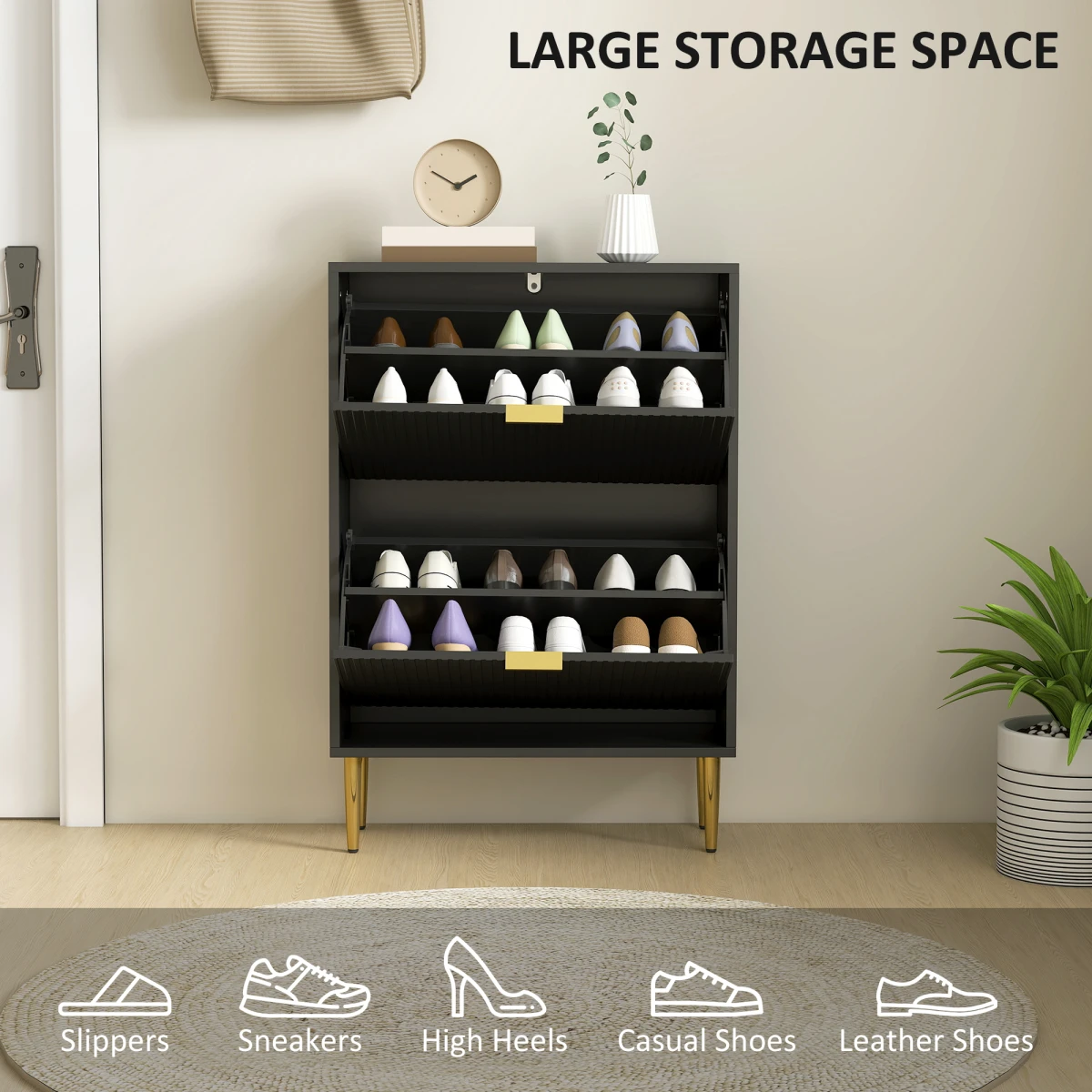 HOMCOM HOMCOM Slim Shoe Cabinet With Flip Drawers For Hallway Fluted Doors Gold Handles Holds 12 Pairs - Shoe Storage