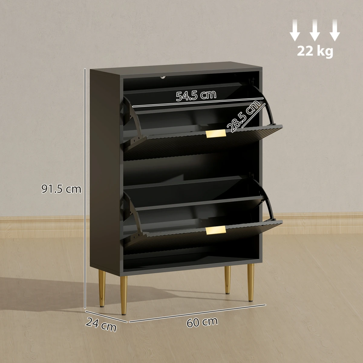 HOMCOM HOMCOM Slim Shoe Cabinet With Flip Drawers For Hallway Fluted Doors Gold Handles Holds 12 Pairs - Shoe Storage