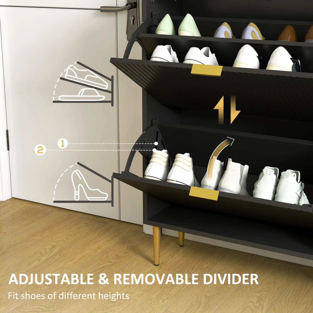 HOMCOM HOMCOM Slim Shoe Cabinet With Flip Drawers For Hallway Fluted Doors Gold Handles Holds 12 Pairs - Shoe Storage