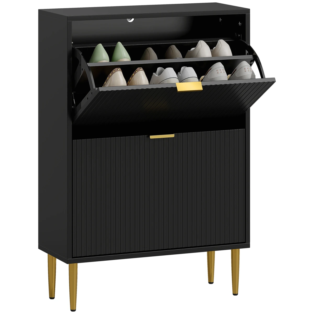 HOMCOM HOMCOM Slim Shoe Cabinet With Flip Drawers For Hallway Fluted Doors Gold Handles Holds 12 Pairs - Shoe Storage