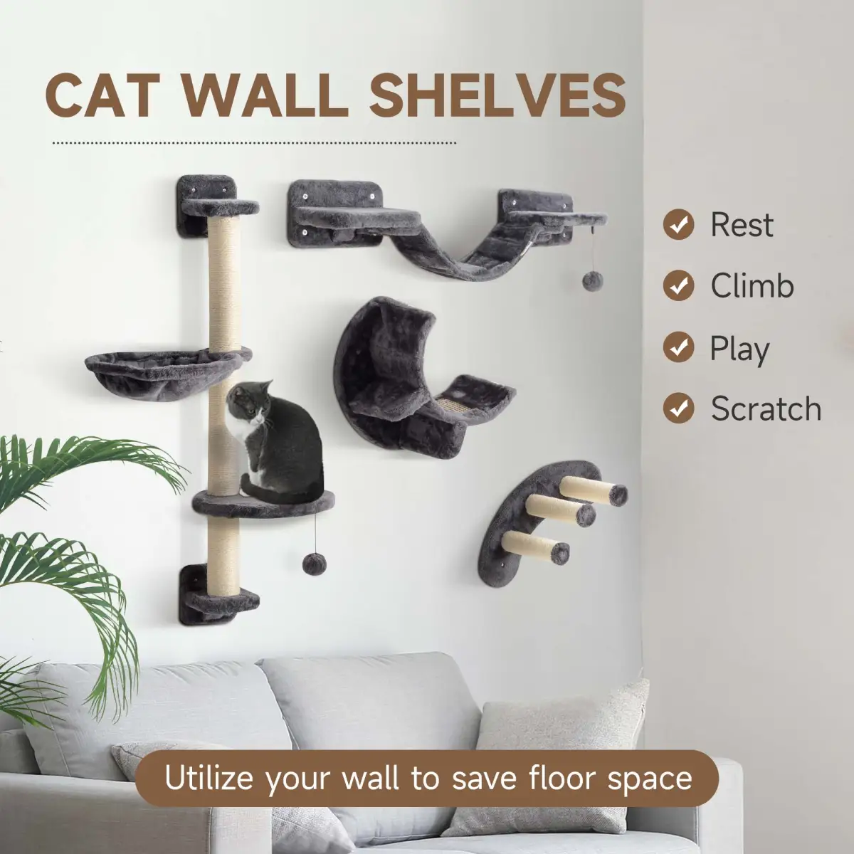 PawHut PawHut 4-Piece Cat Wall Furniture w/ Hammock, Ladder, Platforms - Cat Tree