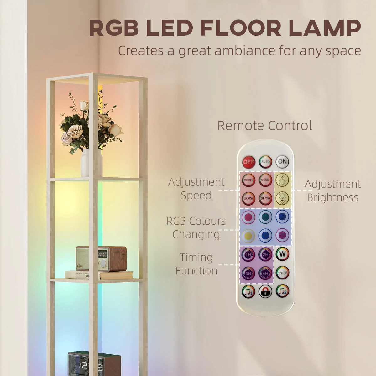 HOMCOM RGB LED Floor Lamp With Shelves 29L Remote Control Oak Finish Bedroom Decor by HOMCOM