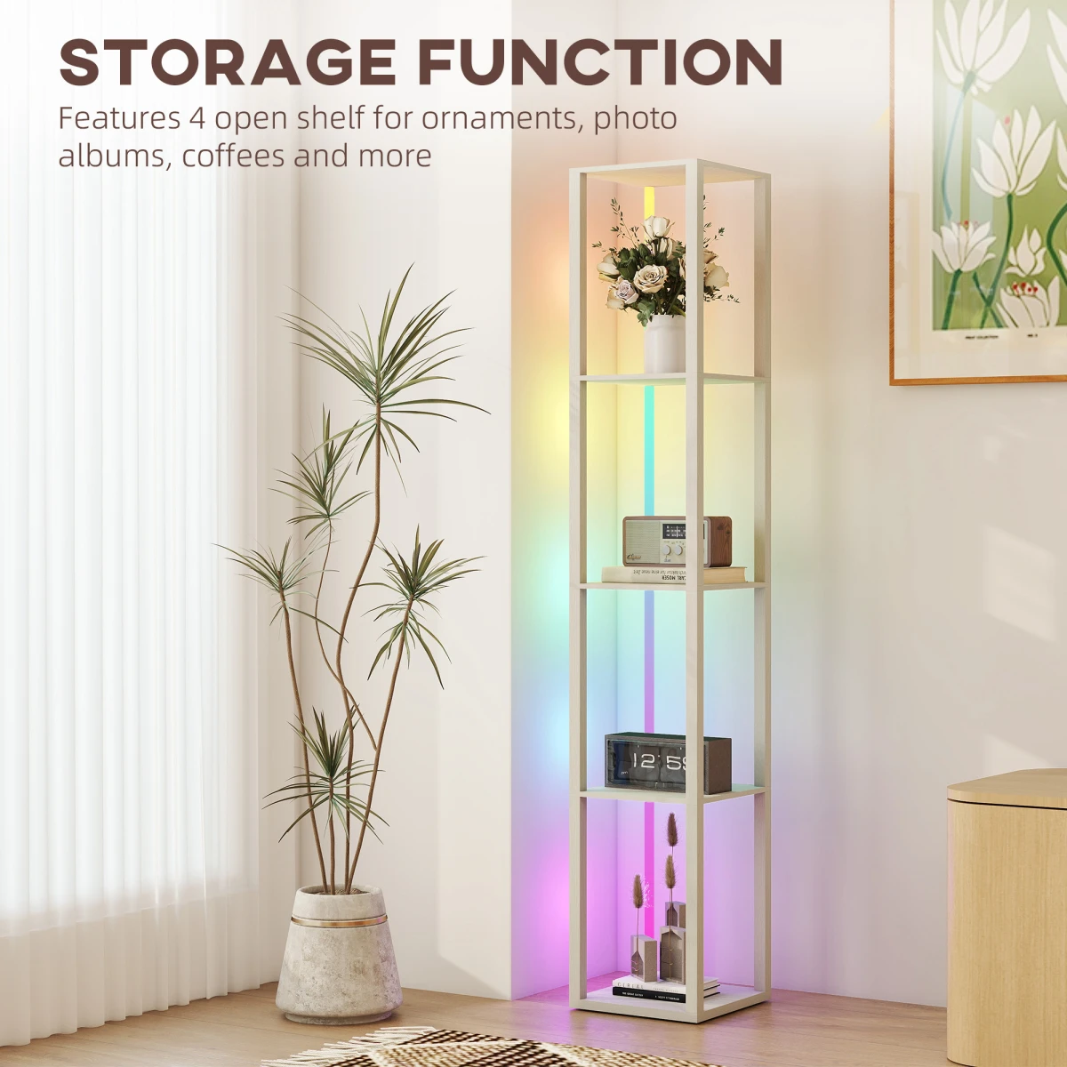 HOMCOM RGB LED Floor Lamp With Shelves 29L Remote Control Oak Finish Bedroom Decor by HOMCOM