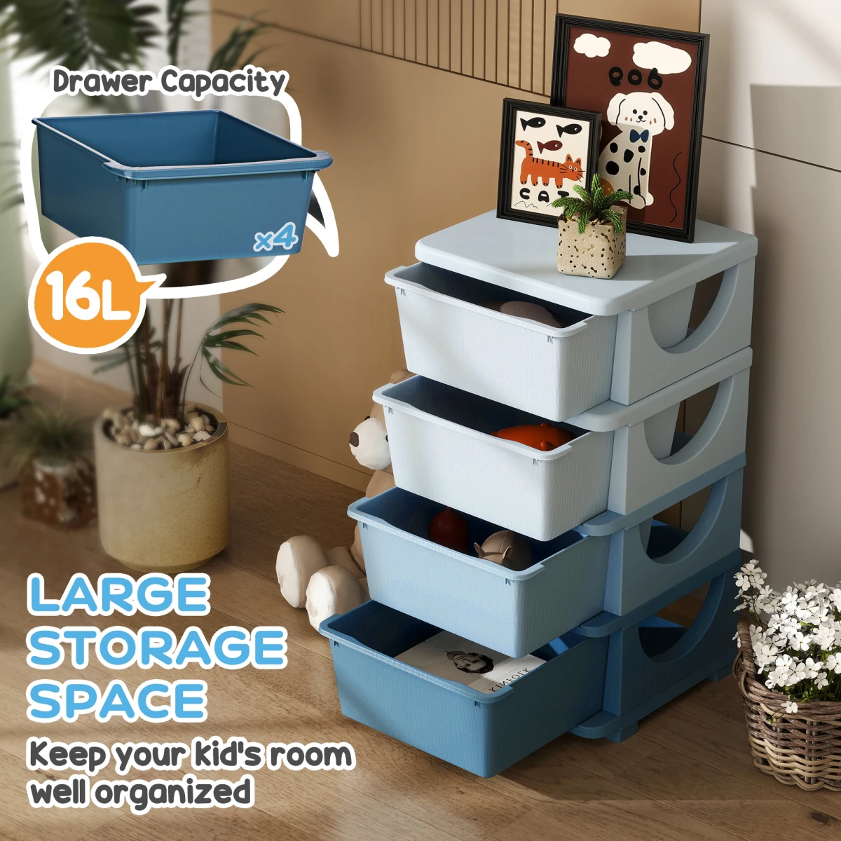 HOMCOM HOMCOM Kids Storage Tower 4 Tier Dresser With Removable Drawers And Safe Rounded Edges Blue - Chest of Drawers