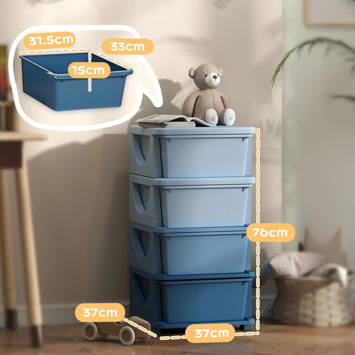 HOMCOM Kids Storage Tower 4 Tier Dresser With Removable Drawers And Safe Rounded Edges Blue by HOMCOM