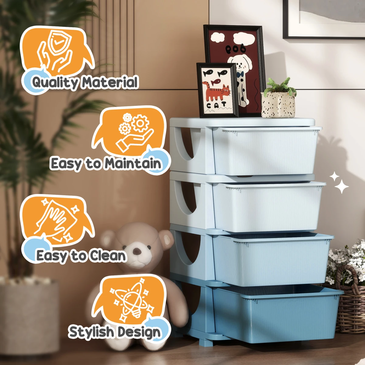 HOMCOM Kids Storage Tower 4 Tier Dresser With Removable Drawers And Safe Rounded Edges Blue by HOMCOM