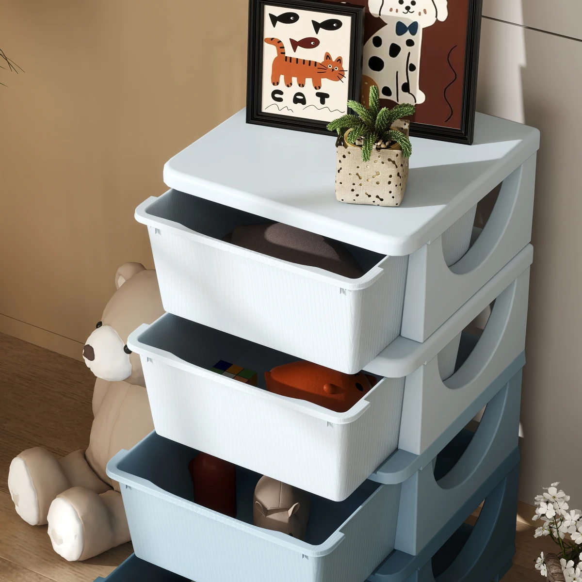 HOMCOM Kids Storage Tower 4 Tier Dresser With Removable Drawers And Safe Rounded Edges Blue by HOMCOM