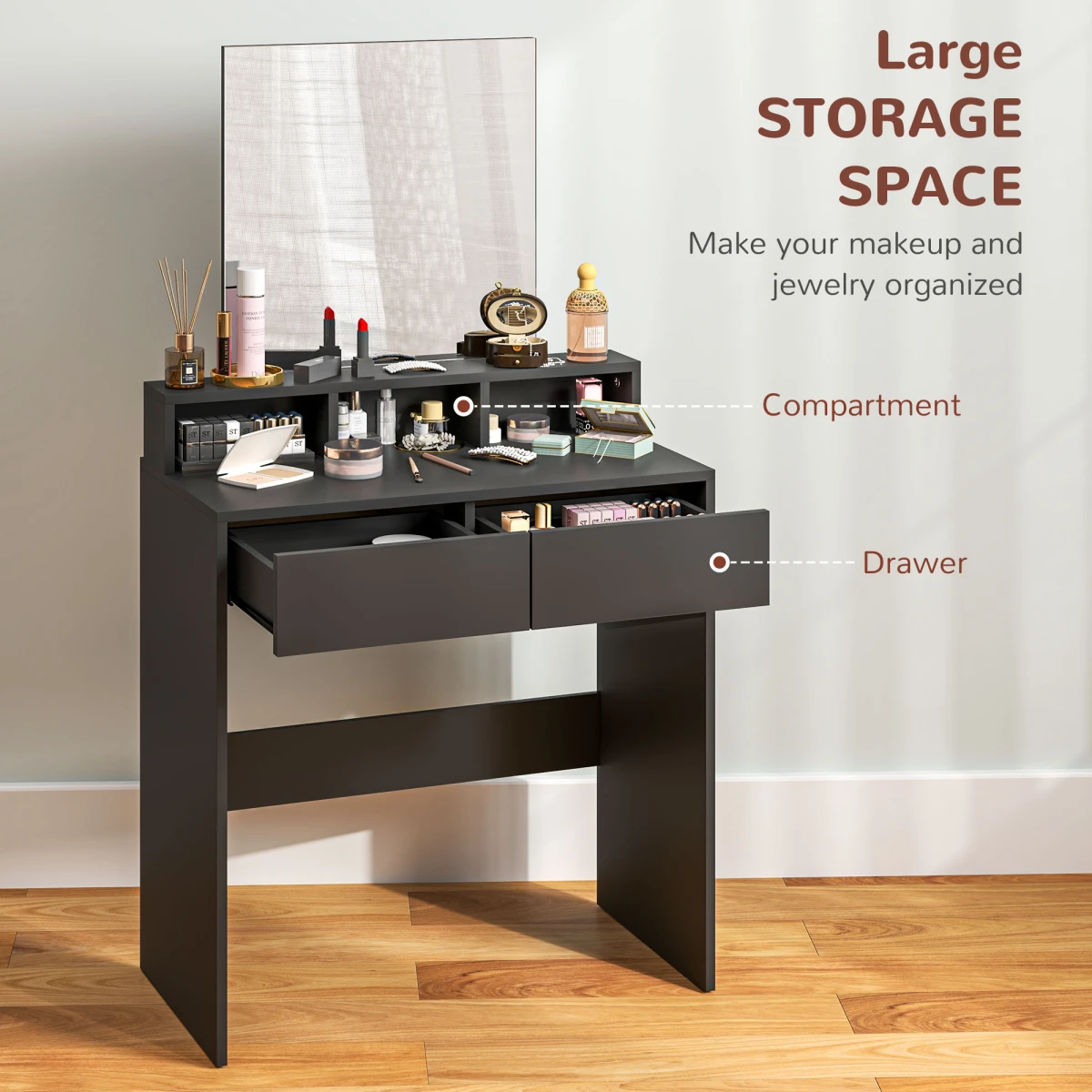 HOMCOM Dressing Table With Mirror 50x49 cm Compact Vanity With 3 Shelves 2 Drawers For Small Spaces by HOMCOM