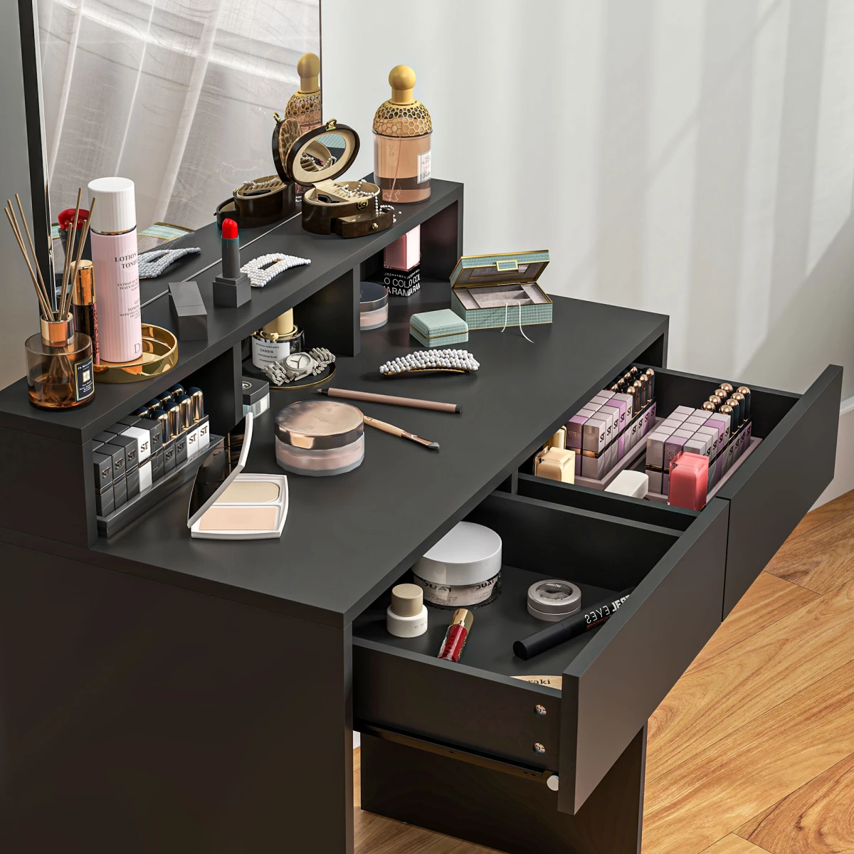 HOMCOM HOMCOM Dressing Table With Mirror 50x49 cm Compact Vanity With 3 Shelves 2 Drawers For Small Spaces - Bedside Table