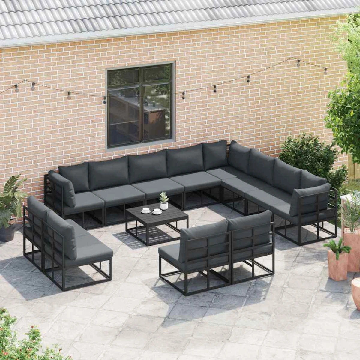 vidaXL vidaXL Garden Sofa Set 12-Piece Black Aluminium Cushions For Outdoor Living Modular Weather-Resistant - Garden Sofa Sets