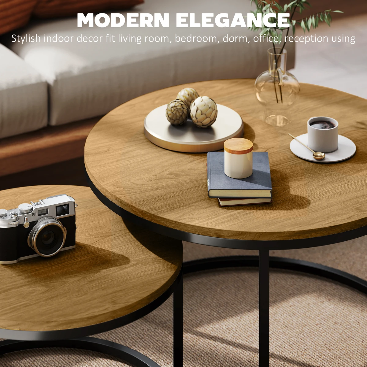 HOMCOM Wood Effect Stackable Coffee Tables Set Small Large With Round Tops And Steel Frame For Living Room - Coffee Table