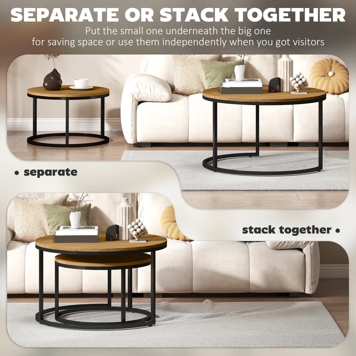 HOMCOM Wood Effect Stackable Coffee Tables Set Small Large With Round Tops And Steel Frame For Living Room - Coffee Table