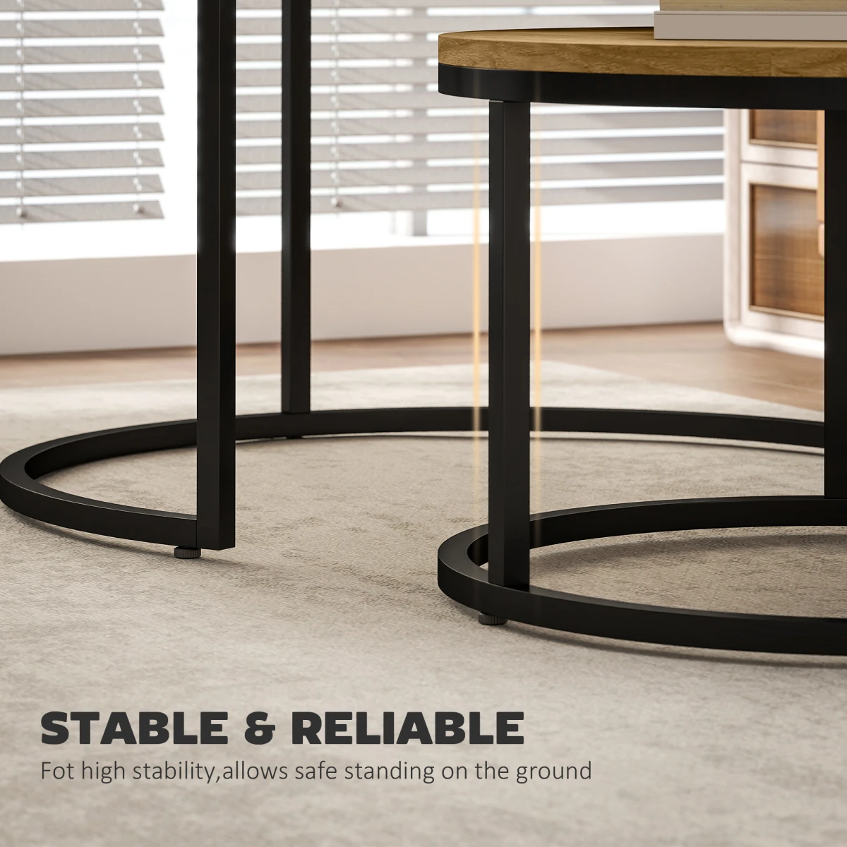 HOMCOM Wood Effect Stackable Coffee Tables Set Small Large With Round Tops And Steel Frame For Living Room by HOMCOM