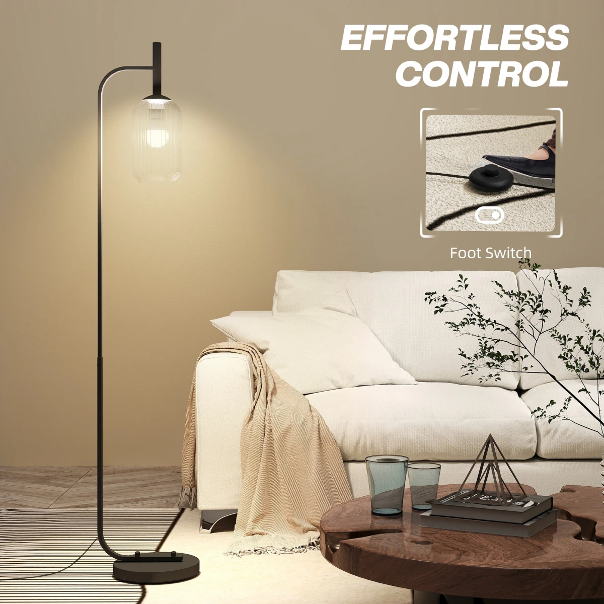 HOMCOM Tall Floor Lamp With Glass Lampshade And Foot Switch E27 LED Compatible For Living Room by HOMCOM