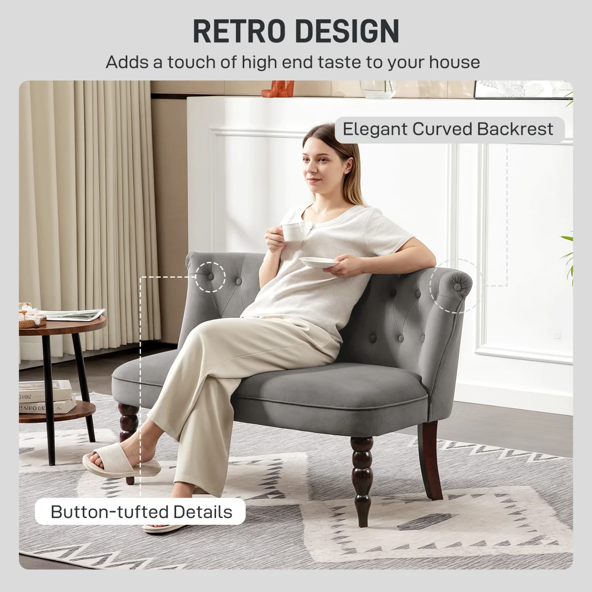 HOMCOM HOMCOM Velvet-Feel Two-Seat Lounger Sofa Wood Frame Tufted Wingback For Elegant Living Room Decor - Sofa