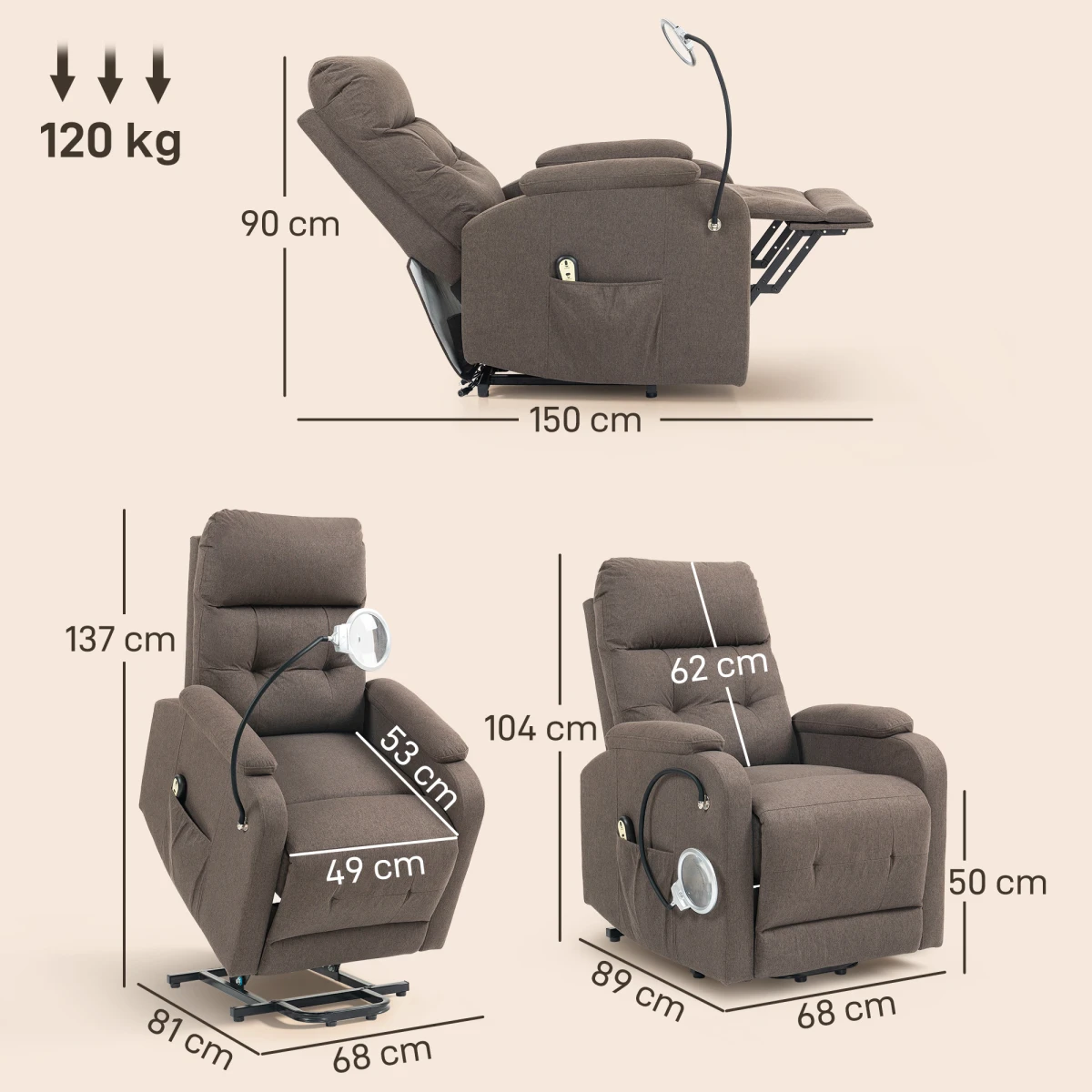 HOMCOM Linen Fabric Electric Recliner Standard Size With Remote Control And LED Magnifying Light For Home Use by HOMCOM