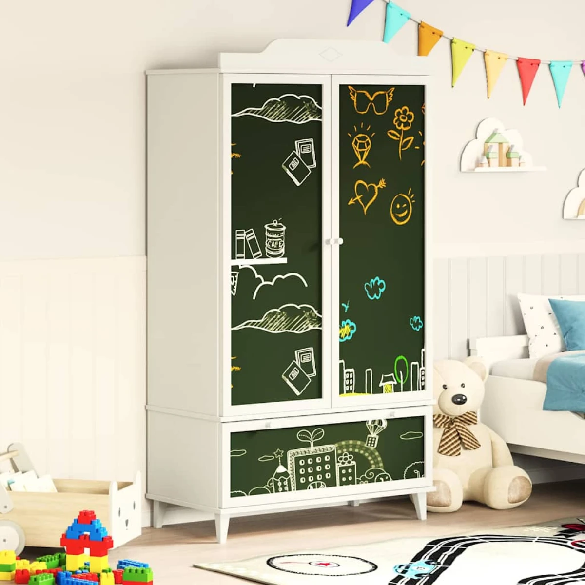 vidaXL vidaXL Chalkboard Wardrobe Cabinet Two Door Drawer Chalkboard Finish For Kids Room - Wardrobe