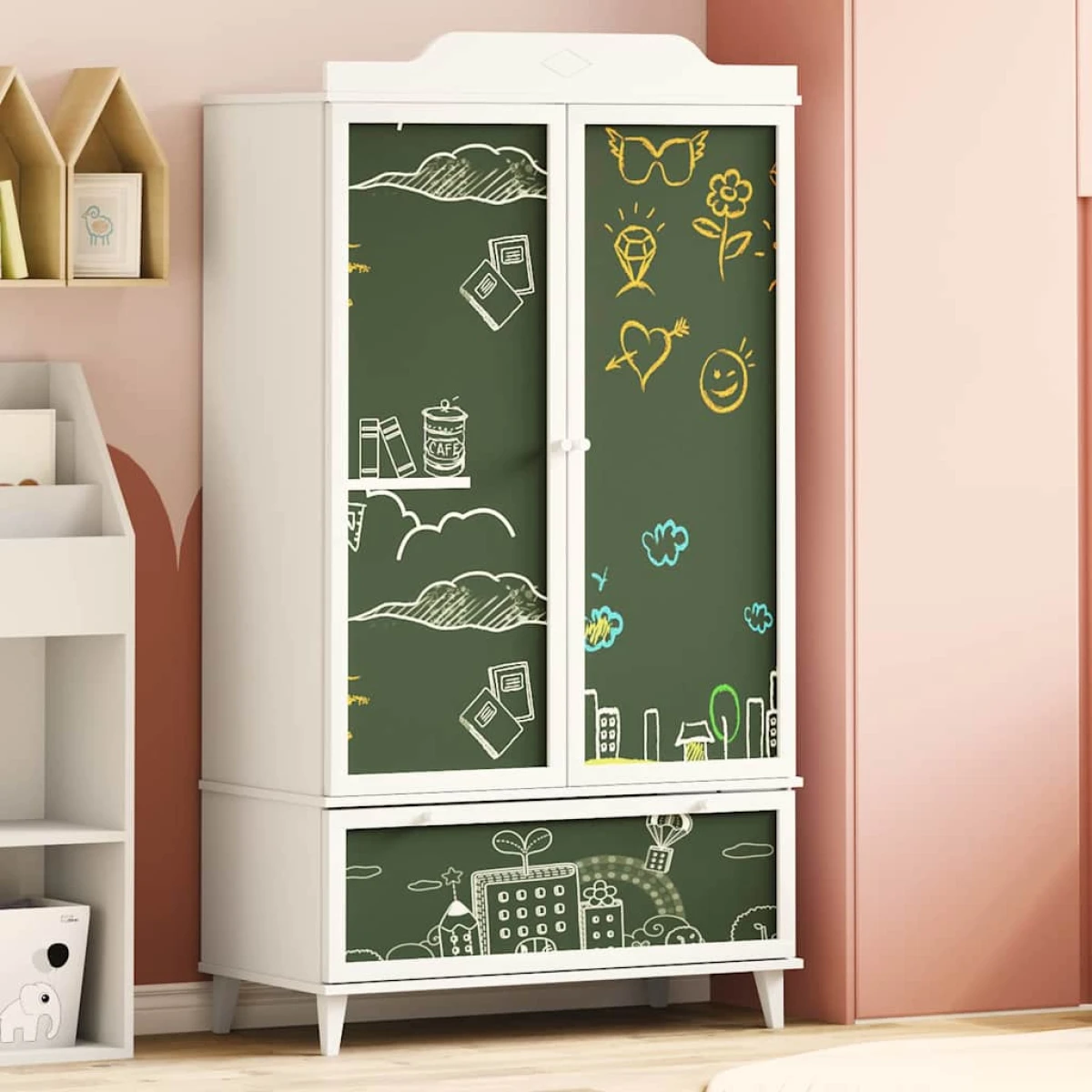 vidaXL vidaXL Chalkboard Wardrobe Cabinet Two Door Drawer Chalkboard Finish For Kids Room - Wardrobe