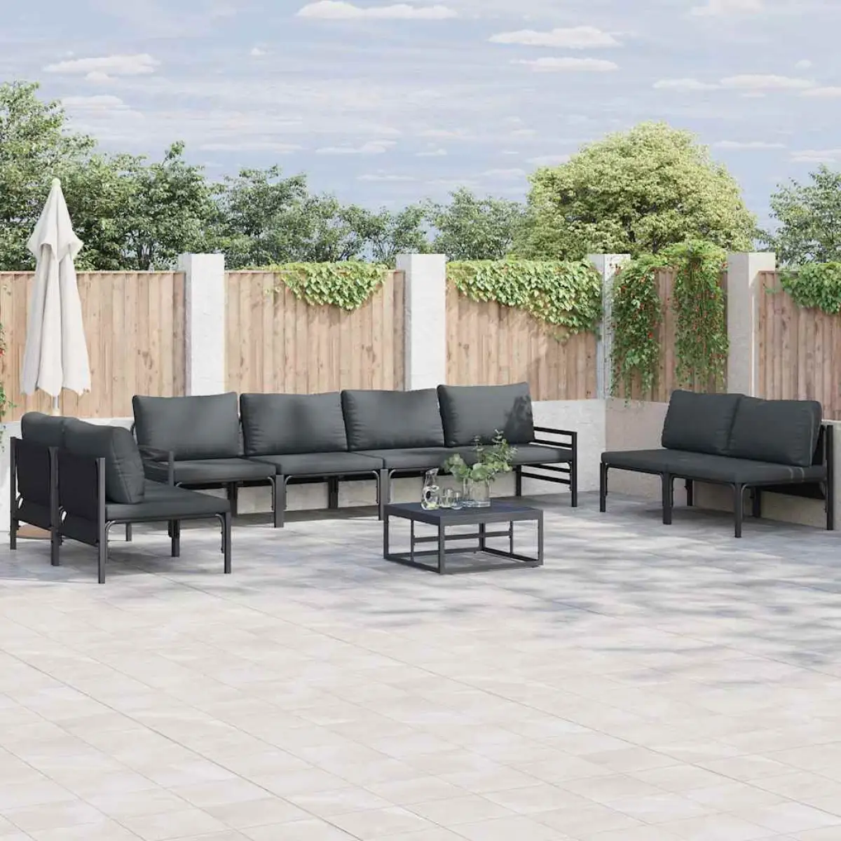 vidaXL vidaXL Garden Sofa Set with Cushion 8 pcs Black Steel - Garden Sofa Sets