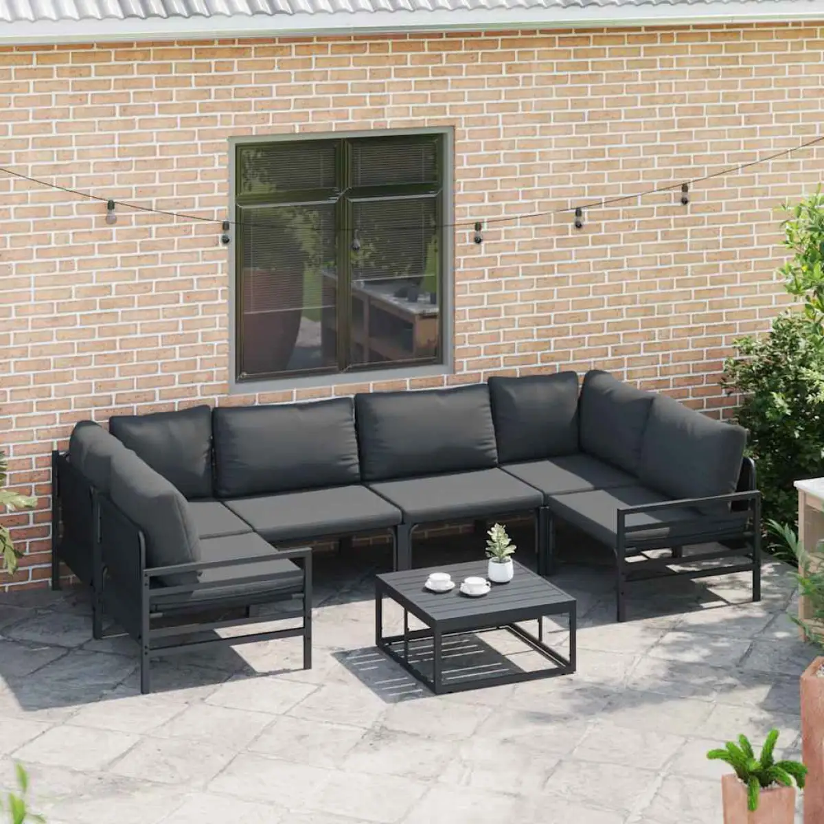 vidaXL vidaXL Garden Sofa Set with Cushion 6 pcs Black Steel - Garden Sofa Sets