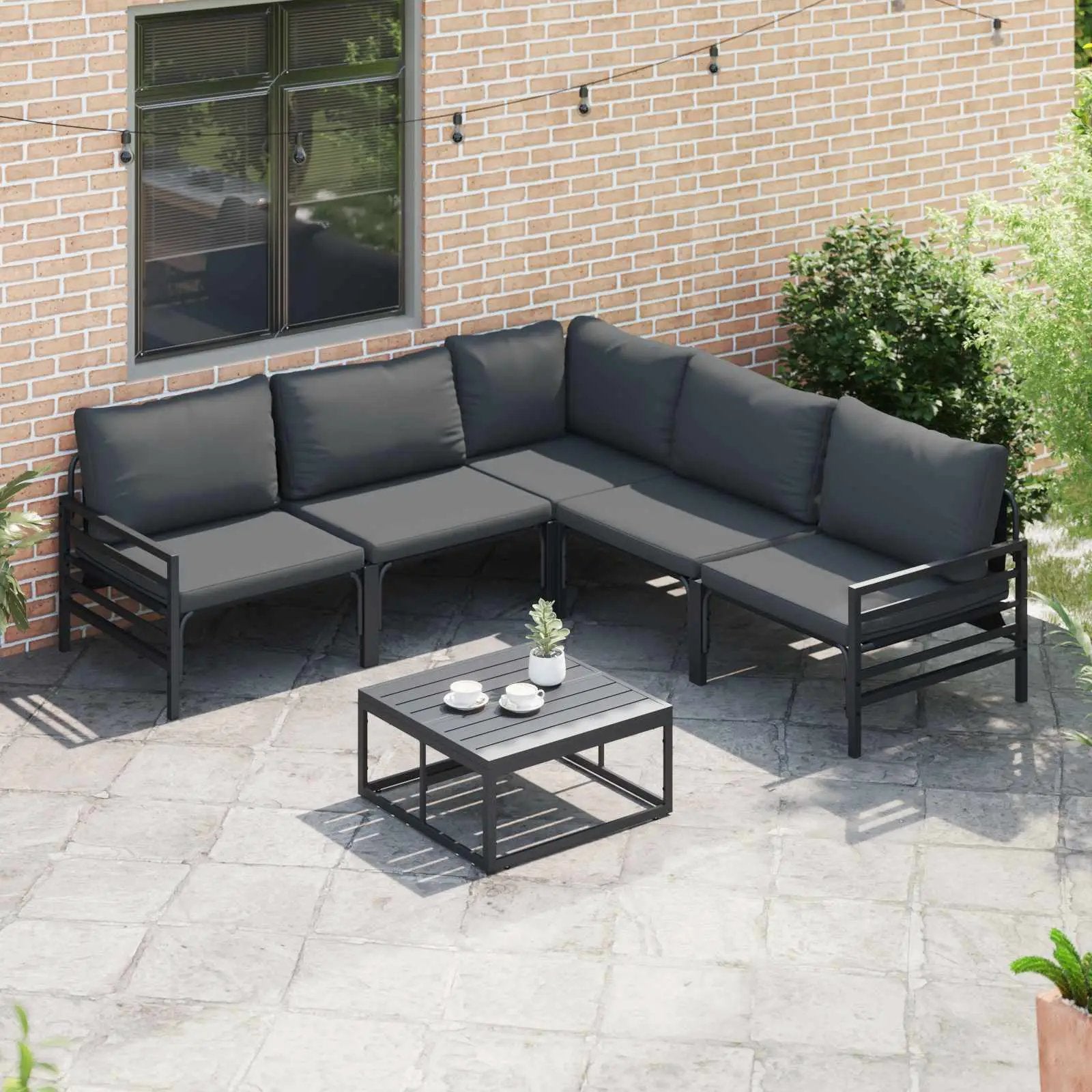 vidaXL vidaXL Garden Sofa Set with Cushion 5 pcs Black Steel - Garden Sofa Sets