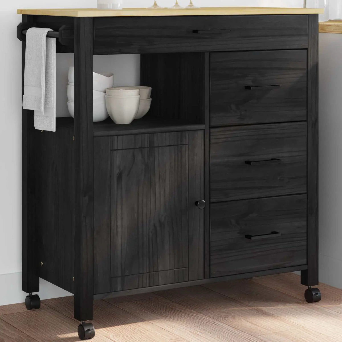 vidaXL Kitchen Trolley MONZA Black 84 x 40 x 88.5 cm Solid Pine Wood - from vidaXL