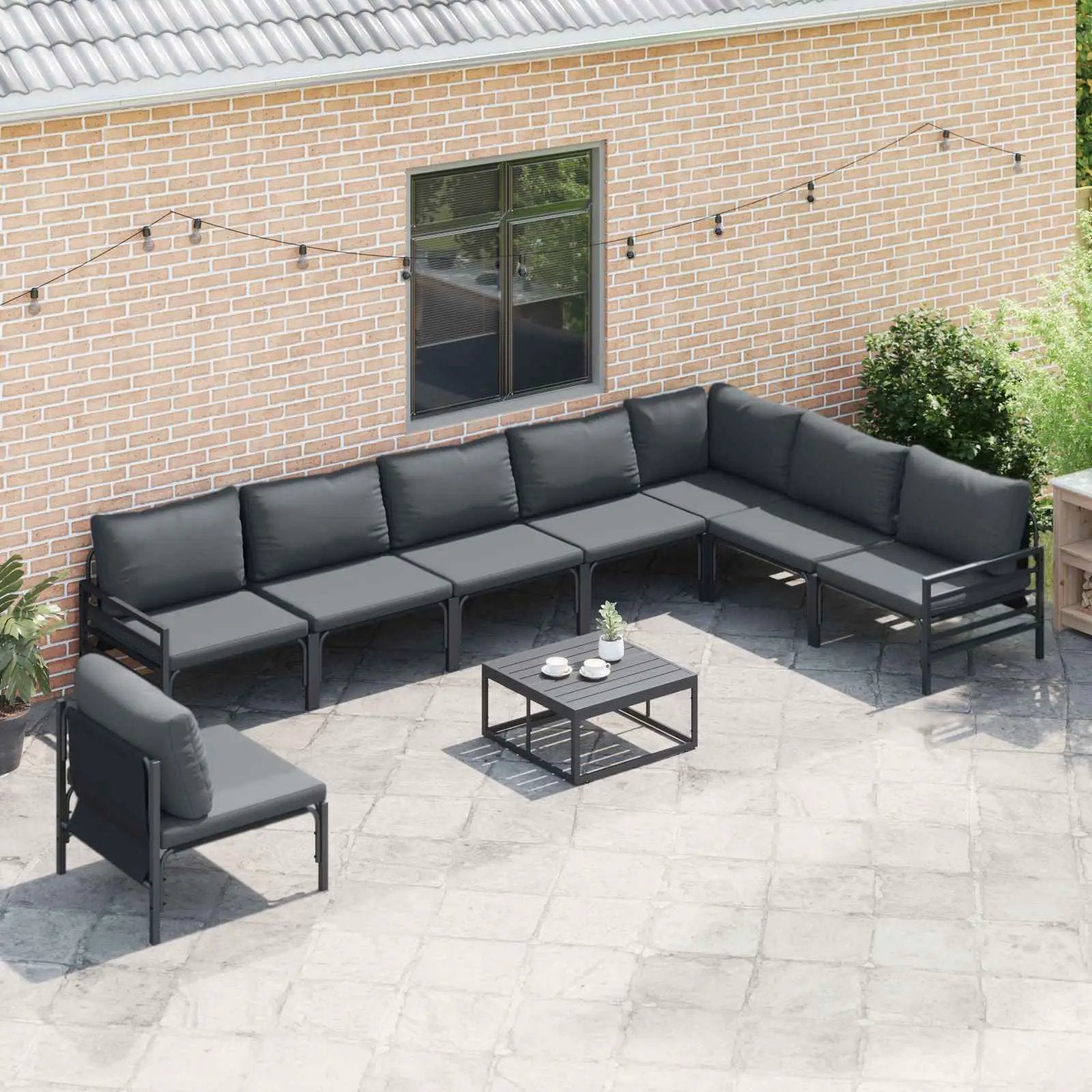 vidaXL vidaXL Garden Sofa Set with Cushion 8 pcs Black Steel - Garden Sofa Sets