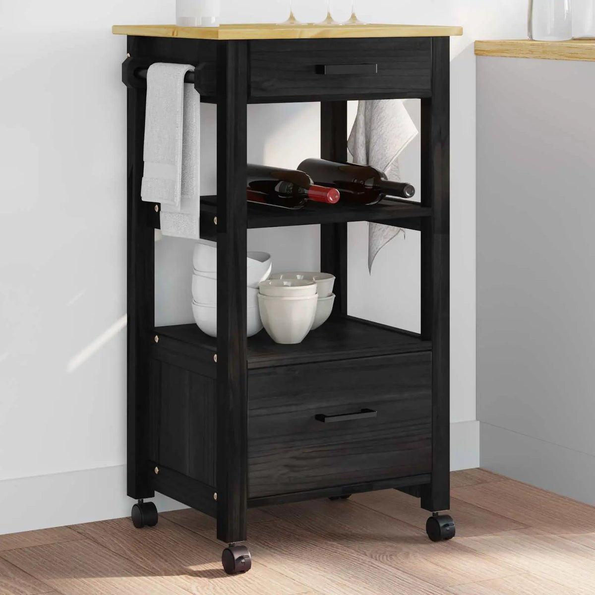 vidaXL Kitchen Trolley MONZA Black 48 x 40 x 88.5 cm Solid Pine Wood - from vidaXL