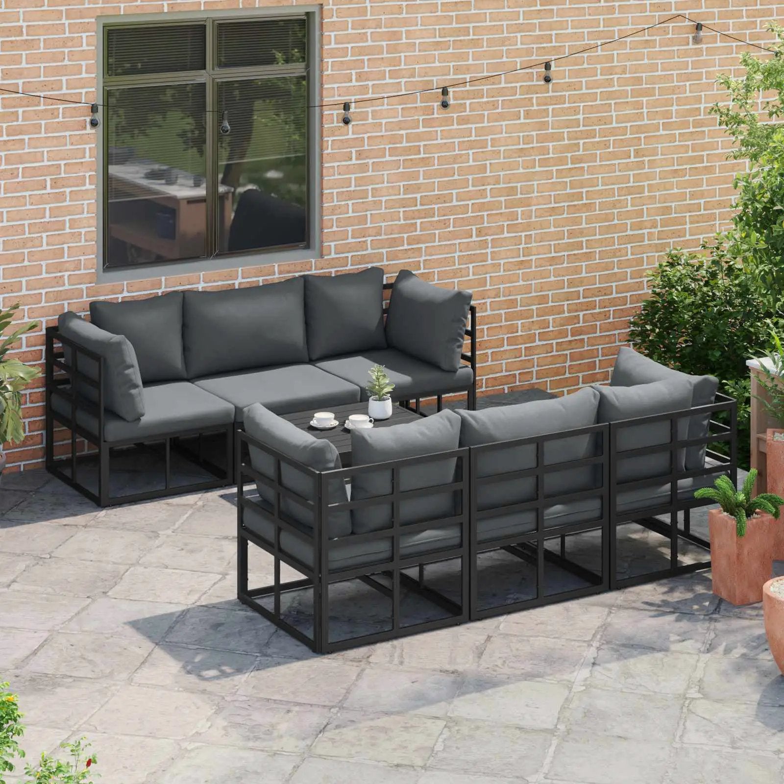 vidaXL vidaXL Garden Sofa Set with Cushion 7 pcs Black Aluminium - Garden Sofa Sets