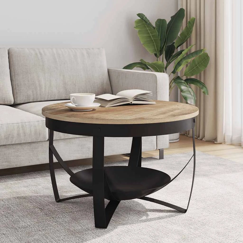 VidaXL Coffee Table Dia 68 cm x H 43 cm Rough Mango Wood Top Industrial Iron Base Living Room Decor by vidaXL